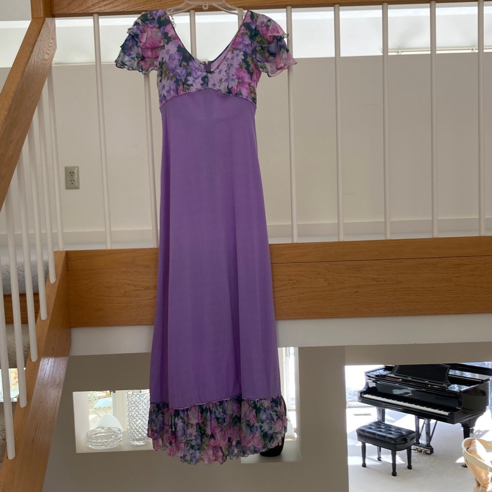 Soft Lavender Maxi Dress with Lavender, Pink, and Green Chiffon Floral Bodice